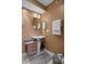 Cozy bathroom showcasing a pedestal sink, decorative mirror and towel bar with gray and white finishes at 8211 Brent St # 837, Port Richey, FL 34668