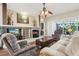 Inviting living room features fireplace, a fan, and sliding glass doors to the outdoor living space at 1641 Bayfield Ct, Trinity, FL 34655