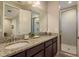 Bathroom featuring granite countertops, dark wood cabinets, and a walk-in shower at 1771 Whitewillow Dr, Wesley Chapel, FL 33543