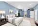 Serene main bedroom with light blue walls, hardwood floors, and ample natural light at 18328 Treehaven Dr, Hudson, FL 34667