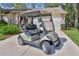 A Yamaha golf cart sits on the driveway with a paver driveway and a two-car garage at 3013 Appleblossom Trl, Spring Hill, FL 34606