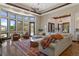 Open-concept living area boasts hardwood floors, lots of light, and a comfortable sectional at 3026 Wentworth Way, Tarpon Springs, FL 34688