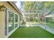Screened-in patio with artificial turf, sliding glass door, and backyard view at 8505 Lincolnshire Dr, Hudson, FL 34667