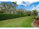 Backyard has manicured lawn with privacy hedge, lush palm trees and beautiful landscaping details at 9147 Rhett Ln, Weeki Wachee, FL 34613