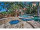 Backyard featuring an in-ground spa, a fire pit, and mature landscaping including a stone waterfall feature at 10019 Milano Dr, Trinity, FL 34655