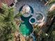 Aerial view showcasing the pool area with its spa, fire pit, rock waterfall, and surrounding tropical foliage at 10019 Milano Dr, Trinity, FL 34655