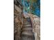 A stone staircase leads upwards, enclosed by rock walls and framed by verdant trees and a clear blue sky at 10019 Milano Dr, Trinity, FL 34655