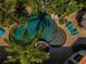 Aerial view of a backyard featuring a pool, lush tropical landscaping, an outdoor kitchen, and multiple seating areas at 10712 Pontofino Cir, Trinity, FL 34655