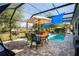 The screened-in patio boasts a pool, seating area, blue awning, and views of the manicured backyard at 11949 Wexford Blvd, Spring Hill, FL 34609