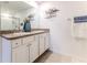 Bright bathroom with a double sink vanity, decorative wall art, and large mirror at 13160 Golden Lime Ave, Spring Hill, FL 34609