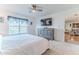 Bright main bedroom featuring a TV, ceiling fan, and cozy carpet flooring at 13160 Golden Lime Ave, Spring Hill, FL 34609