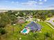 Aerial view of a home with a private backyard pool, surrounded by lush trees and landscaping in a tranquil neighborhood at 3455 Whispy Ct, Spring Hill, FL 34609