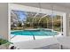 Screened-in pool boasts a sleek design with a connecting spa and spacious deck for lounging at 473 Tournament Dr, Spring Hill, FL 34608