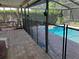 Screened-in pool area with outdoor dining area and lush tropical landscaping at 5045 Musselshell Dr, New Port Richey, FL 34655