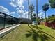 Well-maintained backyard with an in-ground pool, storage shed and mature palms; ideal for leisure and storage at 7444 Candlelight Ct, New Port Richey, FL 34652