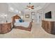 Large main bedroom with tray ceiling, ceiling fan, TV, and carpet flooring at 10808 Alico Pass, New Port Richey, FL 34655