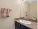 Bathroom with a vanity featuring a gray countertop, a white sink, and a large mirror above at 11254 Mollymawk Ct, New Port Richey, FL 34654