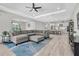 Open floor plan featuring living room with sectional and view into modern kitchen at 12617 Wetmore Ct, Odessa, FL 33556