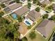 Aerial view of a home with a uniquely shaped pool, large backyard and fire pit at 18331 Waydale Loop, Hudson, FL 34667