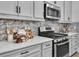 Well-equipped kitchen showcasing stainless steel appliances and elegant backsplash at 2431 Murray Pass, Odessa, FL 33556