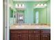 Bathroom with dual sinks, wood cabinets, framed mirrors, and green walls at 4321 High Ridge Ave, Spring Hill, FL 34609