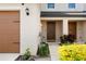 Townhome entrance with covered porch, featuring a decorative front door and manicured landscaping at 5383 Companion Ln, Tampa, FL 33619