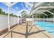 Relaxing screened-in pool area with brick and concrete perimeter, a white fence, and plenty of room for fun at 7466 Jonquil Pl, Weeki Wachee, FL 34607