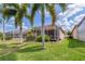Backyard with screened patio, palm trees, and landscaping at 1260 Dartford Dr, Tarpon Springs, FL 34688