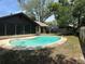 Backyard showcasing a kidney-shaped pool surrounded by lush greenery and a screened lanai for outdoor enjoyment at 1412 Wexford N Dr, Palm Harbor, FL 34683