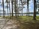 Scenic view of volleyball court by lake with picnic tables and trees, creating a perfect recreational spot at 1916 & 1910 Beachway Ln, Odessa, FL 33556