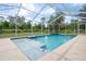 This screened-in pool boasts a zero entry, built in steps, water features, and lush green surroundings at 3355 La Vista St, Brooksville, FL 34604