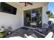 Covered patio with sliding glass doors leading to the home's interior and outdoor seating at 3555 Bracknell Ct, Land O Lakes, FL 34638