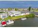 A stunning aerial image features the property with waterfront, lush landscaping, and a dock for boats at 5106 Blue Heron Dr, New Port Richey, FL 34652