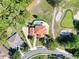 Aerial view of a home with a swimming pool, set amidst a lush landscape of trees and manicured lawns at 5198 Legend Hills Ln, Brooksville, FL 34609