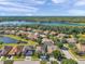 Stunning aerial view of a residential neighborhood surrounded by lush greenery and a beautiful lake at 8635 Creedmoor Ln, New Port Richey, FL 34654