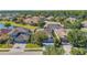 Aerial view of a residential neighborhood with well-maintained homes, green lawns, and scenic water views at 8635 Creedmoor Ln, New Port Richey, FL 34654
