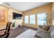 Cozy living room with three large windows and a mounted flat screen TV at 8635 Creedmoor Ln, New Port Richey, FL 34654
