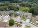 Overhead view of the house on a residential street with neighboring homes, mature trees and green space in the distance at 9104 Water Hazard Dr, Hudson, FL 34667