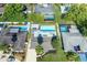 Aerial view of property showcasing the fenced backyard with a pool, patio, and proximity to neighboring homes at 9141 Greenbriar Ln, Port Richey, FL 34668