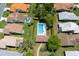 A high aerial view captures the tranquil backyard swimming pool within a lush, green residential neighborhood at 9400 New Orleans Dr, Weeki Wachee, FL 34613
