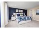 This main bedroom features a blue accent wall, a plush carpet, and ample natural light at 1714 W Palms Dr, Port Charlotte, FL 33953