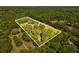 Wide aerial view highlighting the estate's expansive, tree-filled acreage with defined property lines at 196 Lark Ave, Brooksville, FL 34601