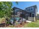 Screened-in pool with seating and mature landscaping in backyard of home at 2815 Dudley Ave, Odessa, FL 33556