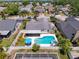 Aerial view of the property showcasing a backyard pool, screened patio, and landscaped yard at 3074 Cara Ct, Palm Harbor, FL 34684
