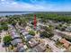 Aerial view of the property near the lake with a red arrow pointing to the listing at 3074 Cara Ct, Palm Harbor, FL 34684