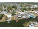 Aerial shot showcasing a neighborhood's canal-front homes, docks, and waterway access at 6816 Sanderling Ln, Hudson, FL 34667