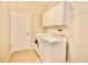 Efficient laundry room with washer, dryer, storage cabinets, and convenient access door for a streamlined chore experience at 11041 Paradise Point Way, New Port Richey, FL 34654