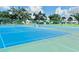 Vibrant blue and green tennis courts ready for play, surrounded by lush greenery and secure fencing at 11041 Paradise Point Way, New Port Richey, FL 34654