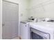 Practical laundry room with modern washer and dryer and extra shelf space at 18353 Briar Oaks Dr, Hudson, FL 34667
