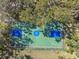Overhead aerial view of a green and blue basketball court surrounded by trees at 18502 Winding Oaks Blvd, Hudson, FL 34667